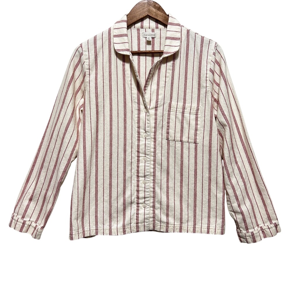 Garnet Hill Women Cottagecore Coastal Pajama Top M Red Striped Organic Cotton‎